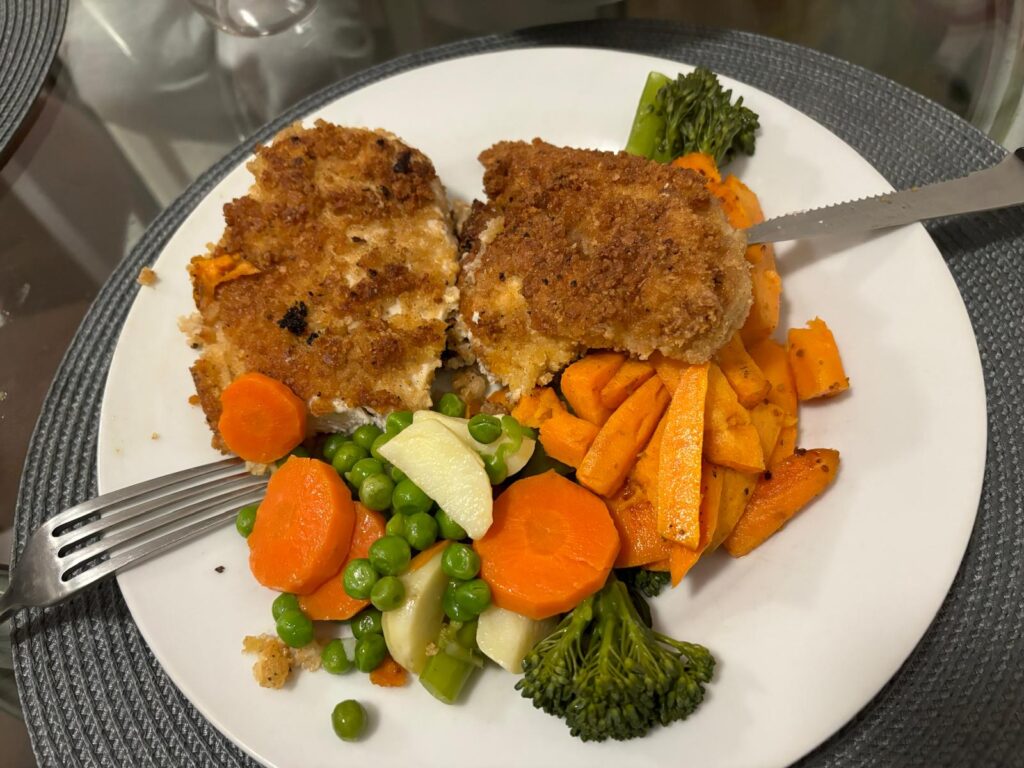 Healthy chicken Schnitzel with Veggies - stressing about what you eat - Align Holistic Health